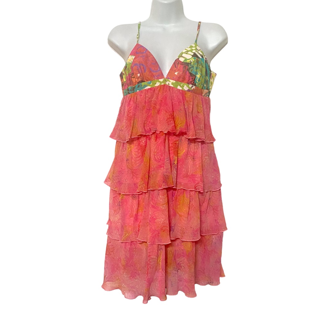 Trina Turk Spaghetti Strap Ruffle Tiered Silk Dress